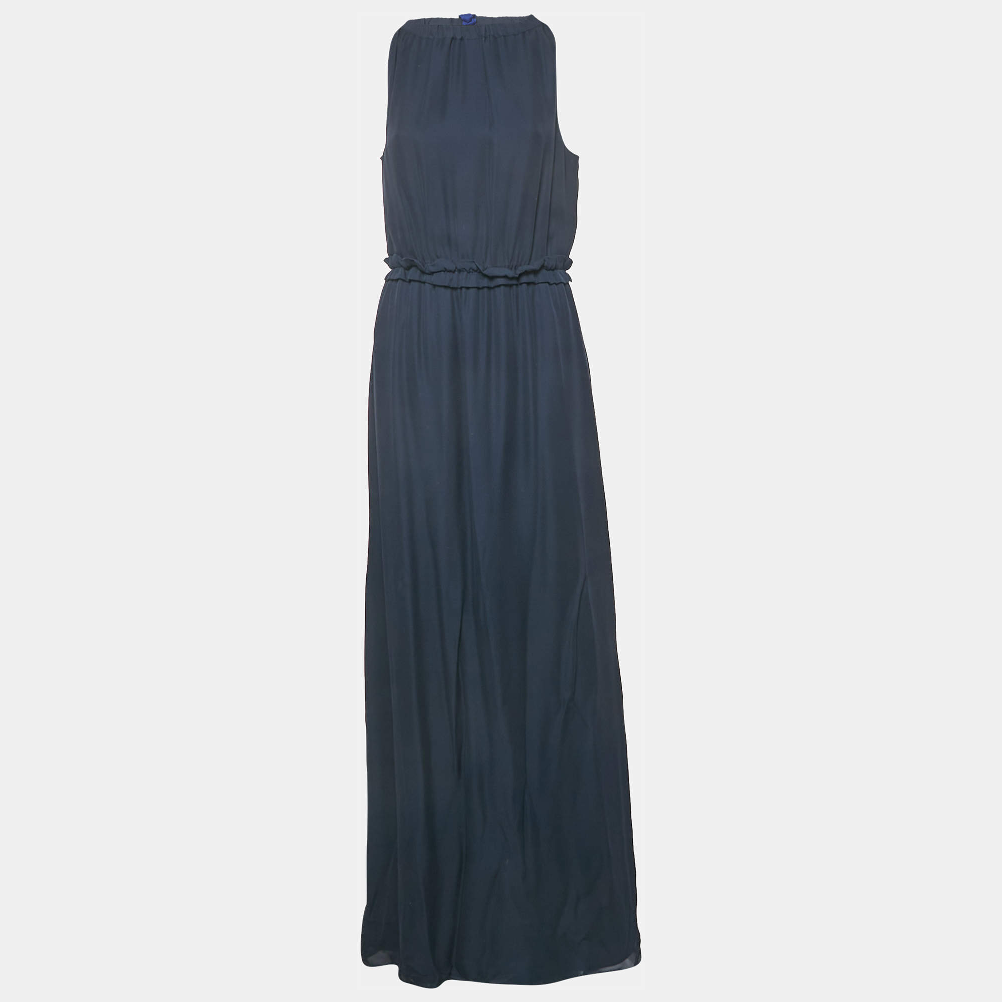 Pre Owned Emporio Armani Navy Blue Silk Waist Ruffle Trim Sleeveless Maxi Dress M 