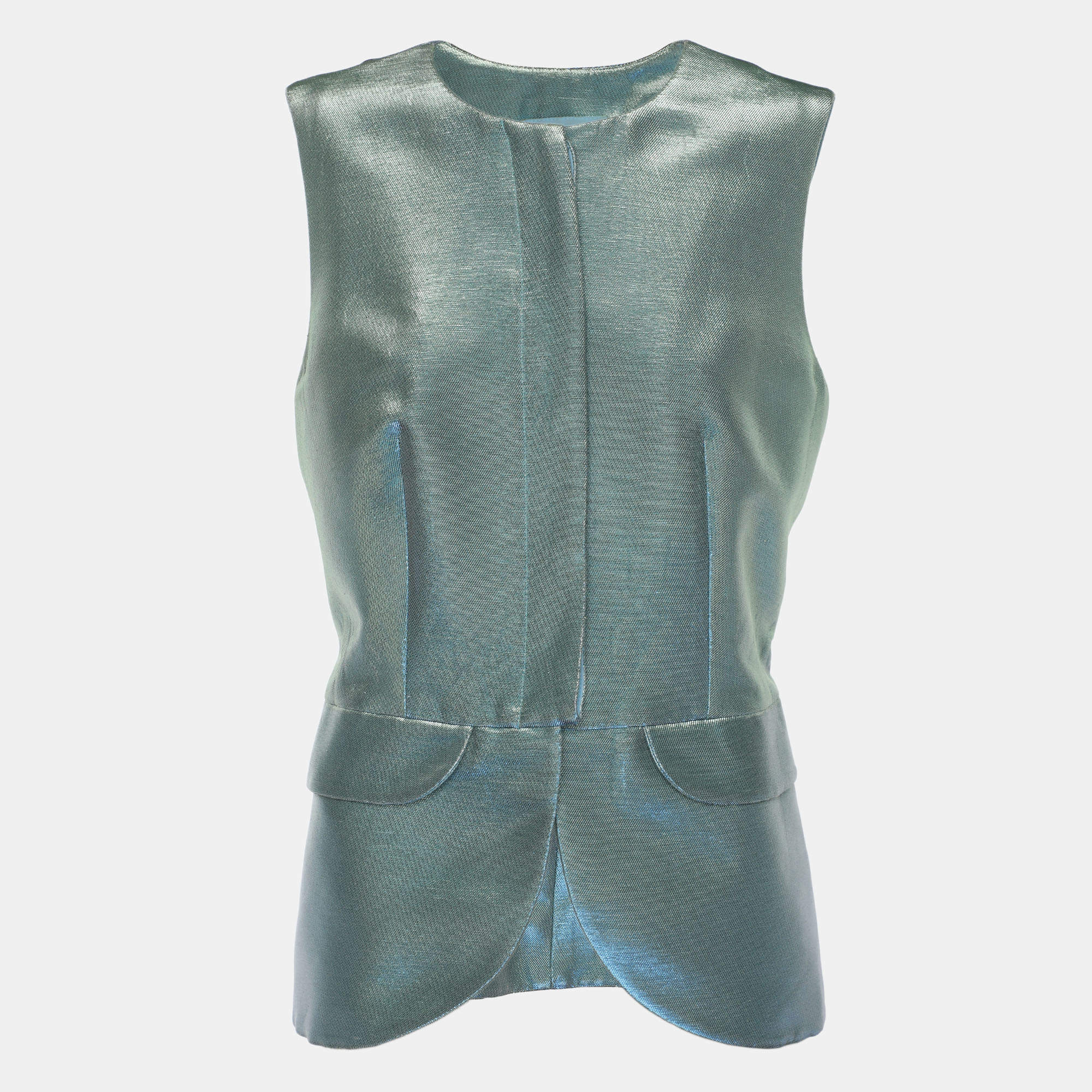 Pre Owned Emporio Armani Metallic Green Lurex Sleeveless Blazer L
