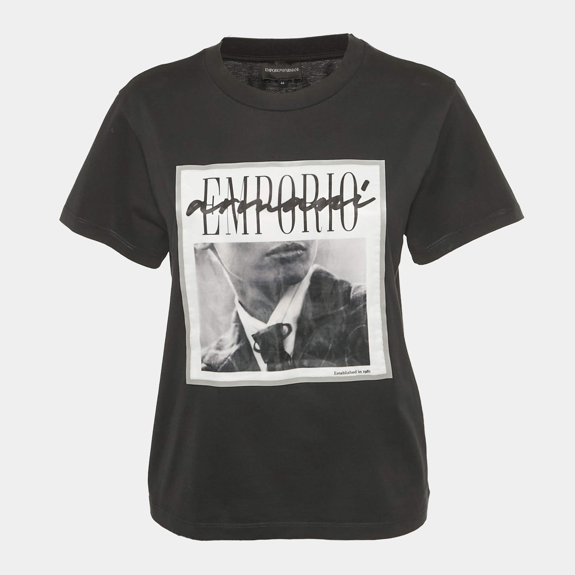 Pre Owned Emporio Armani Black Printed Jersey Crewneck T-Shirt L