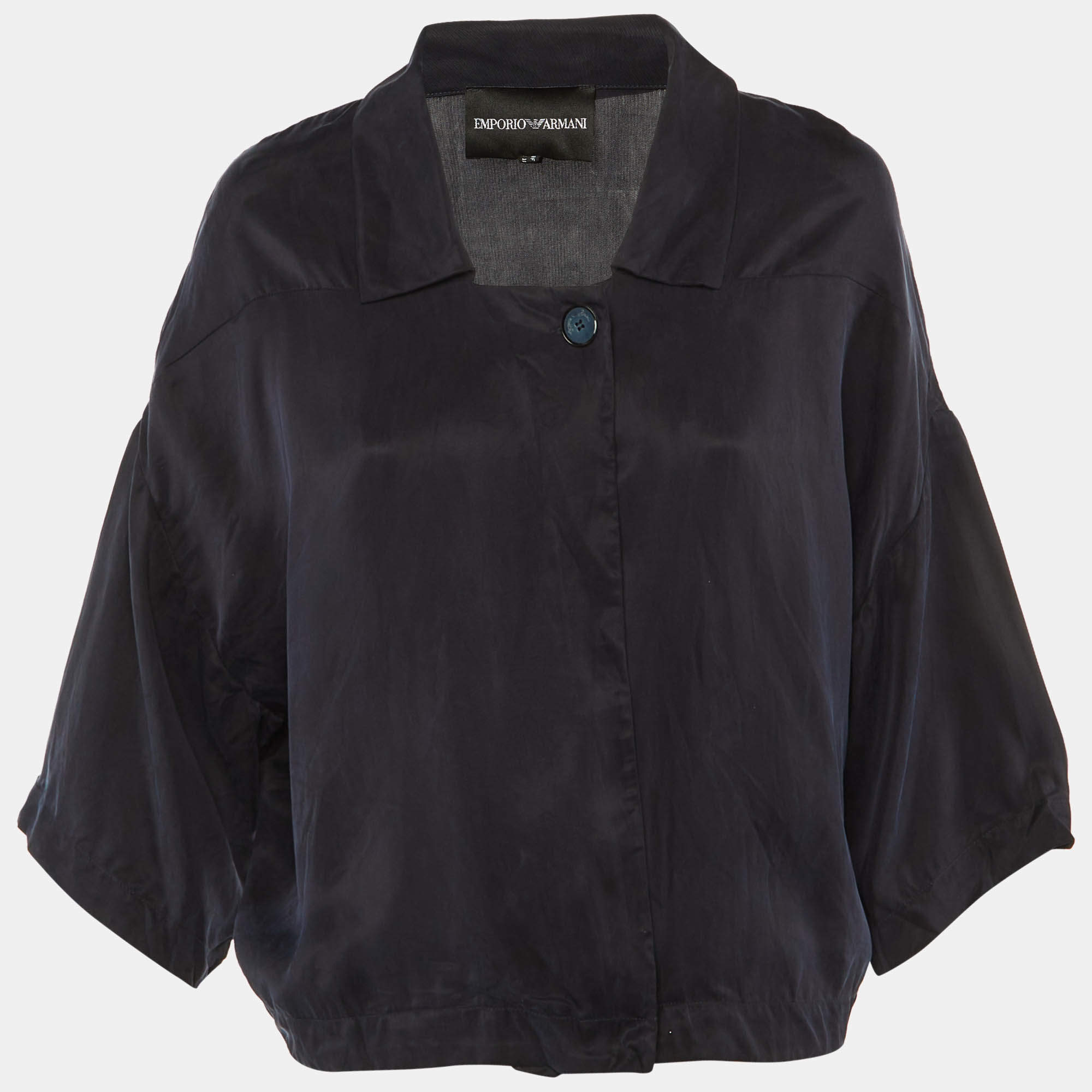 Pre Owned Emporio Armani Navy Blue Sateen Open Front Top M