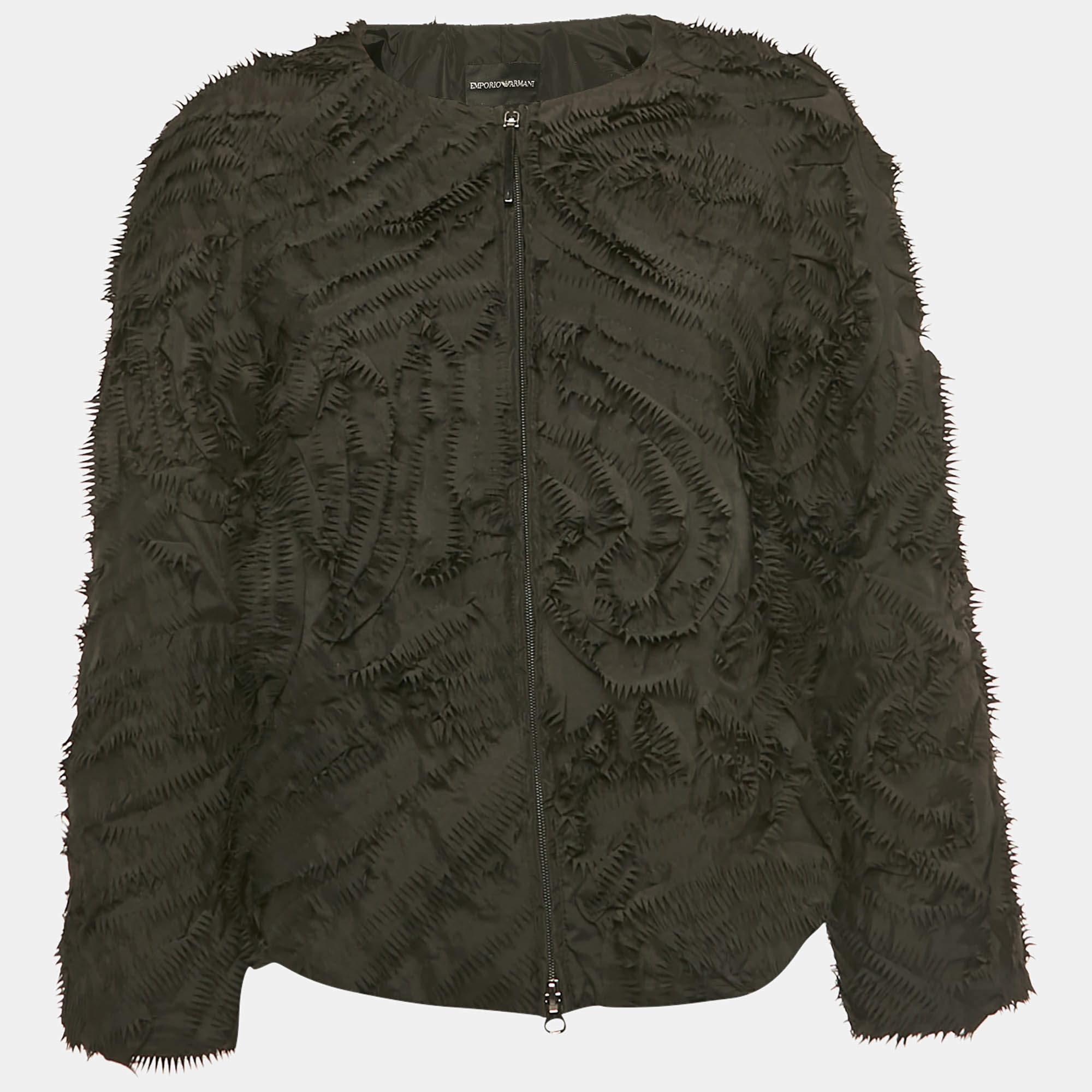 Pre Owned Emporio Armani Black Textured Crepe Zip-Up Jacket S