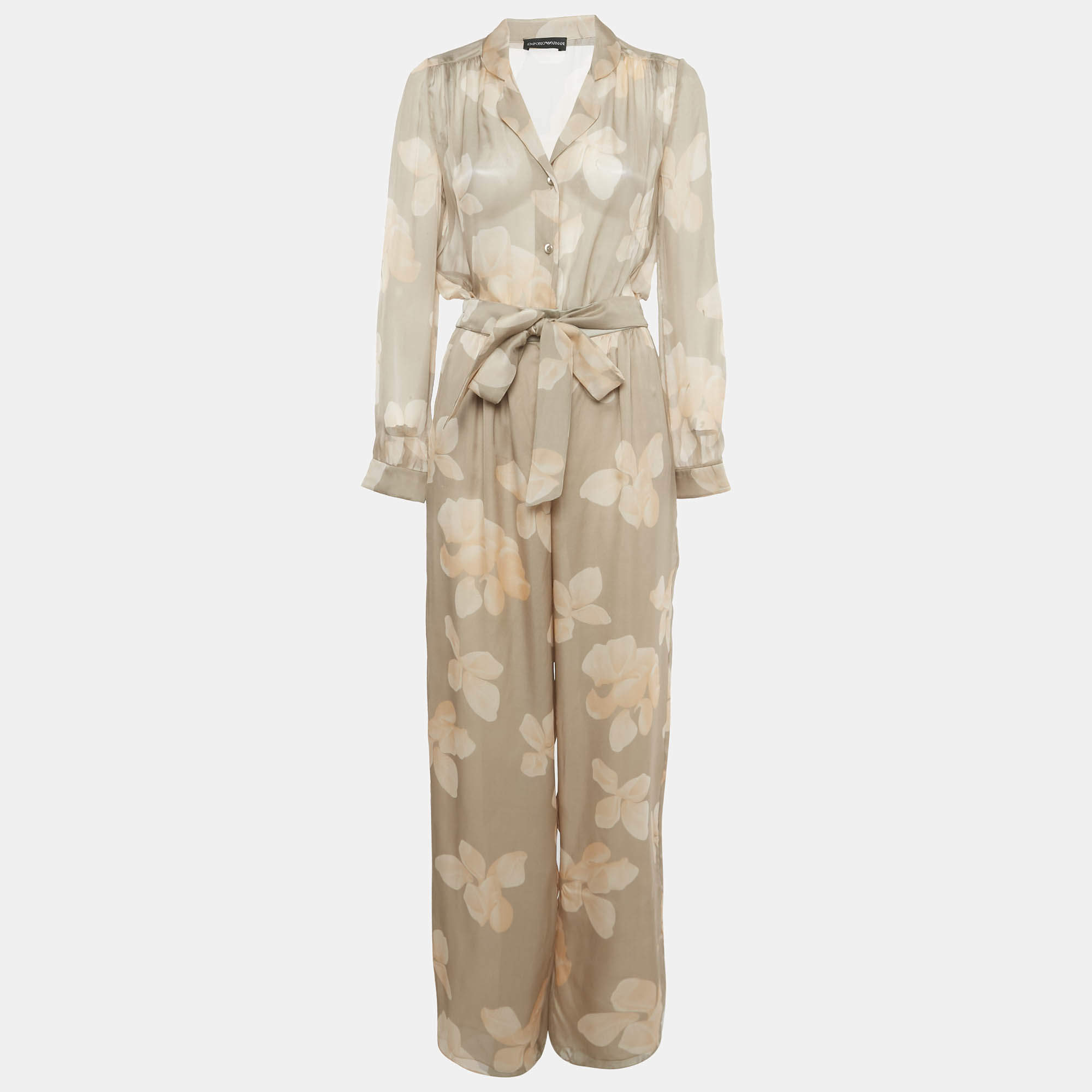 مملوكة مسبقًا Emporio Armani Beige Floral Printed Silk Belted Jumpsuit S