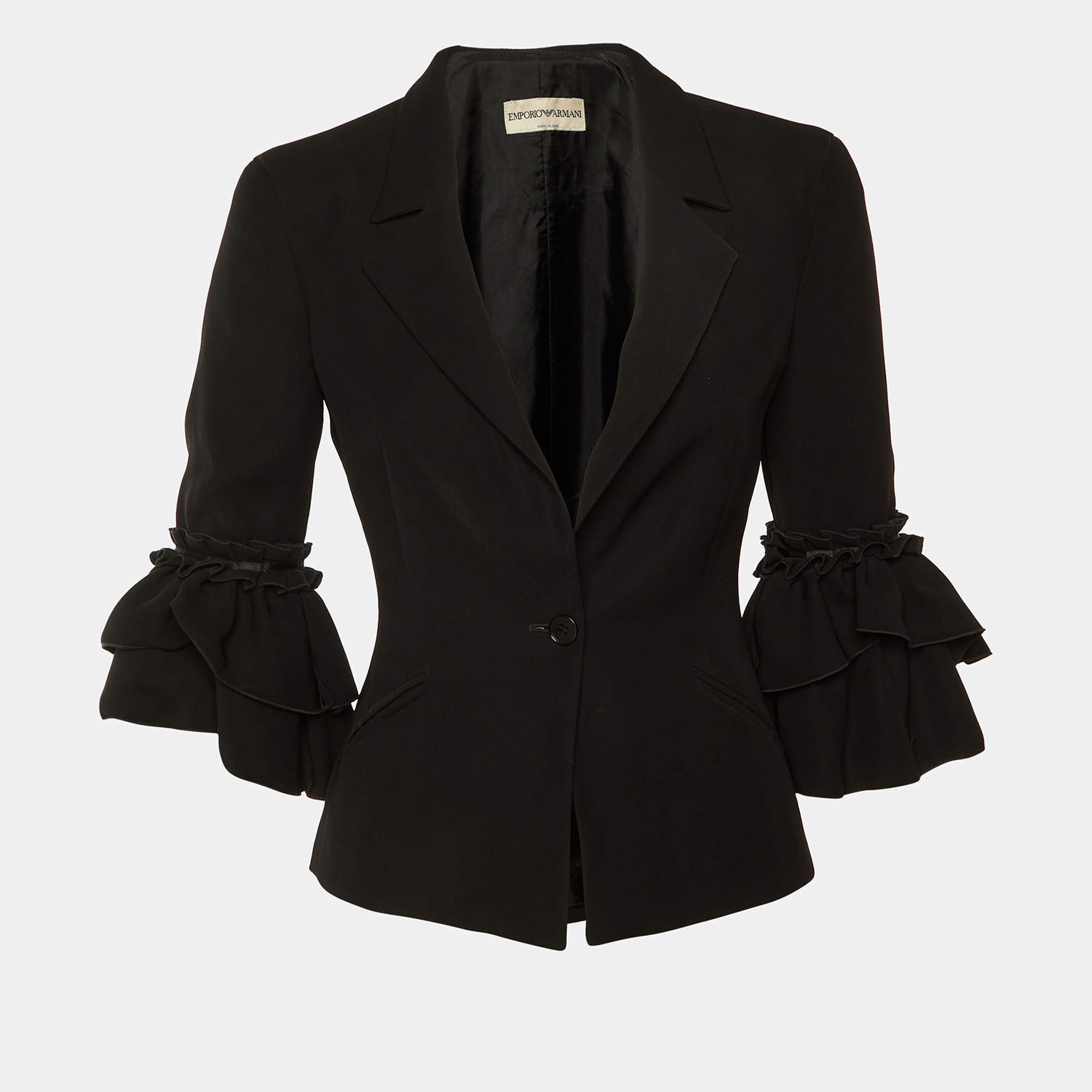مملوكة مسبقًا Emporio Armani Black Crepe Ruffled Sleeve Blazer S
