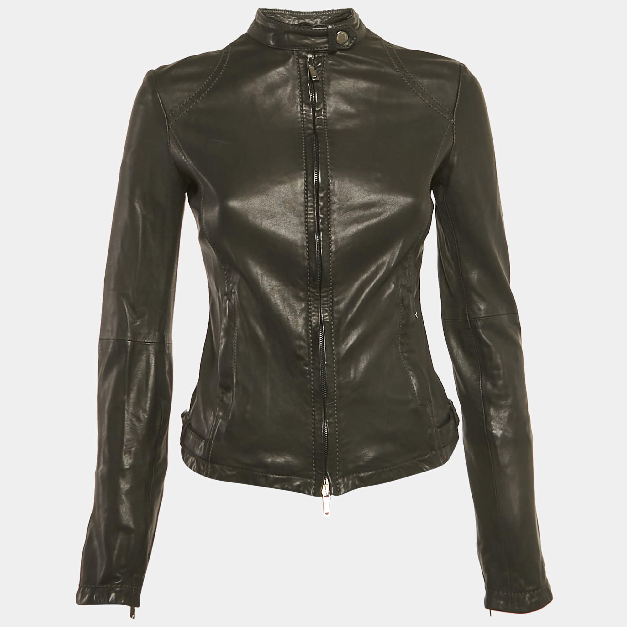 مملوكة مسبقًا Emporio Armani Black Lamb Leather Biker Jacket S