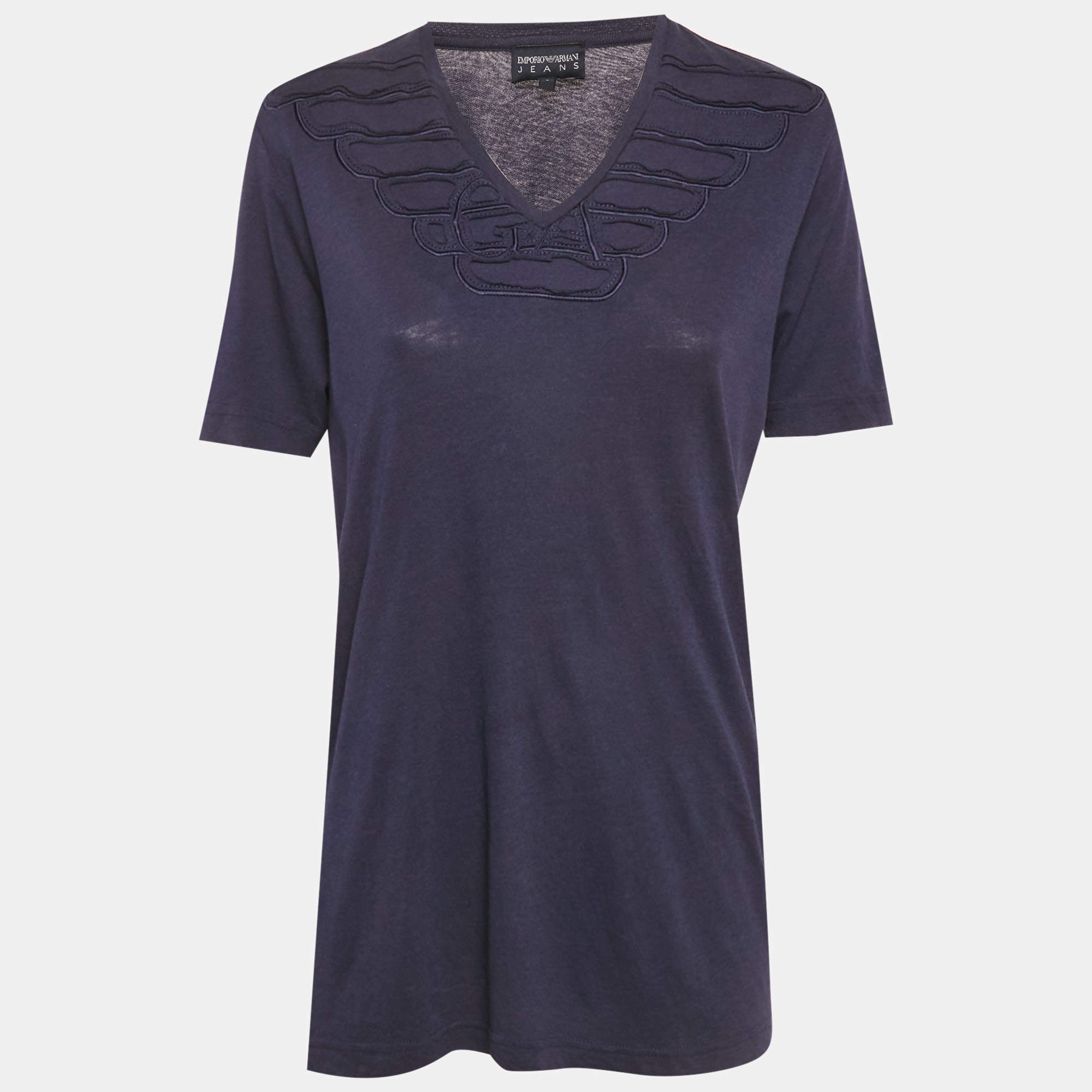 مملوكة مسبقًا Emporio Armani Jeans Blue Jersey Ruffled V-Neck T-Shirt L