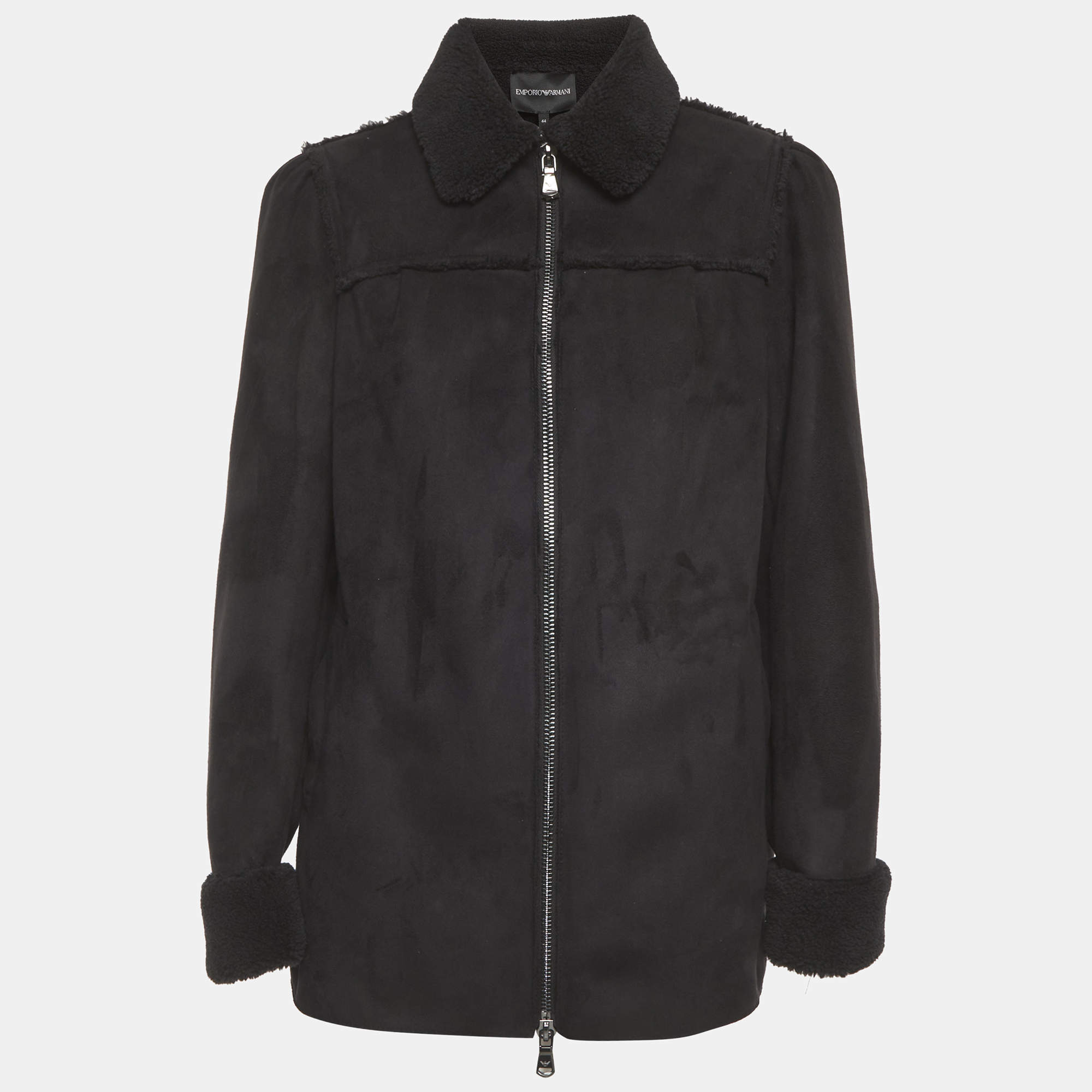 Pre Owned Emporio Armani Black Fleece Suede Zip Up Jacket M