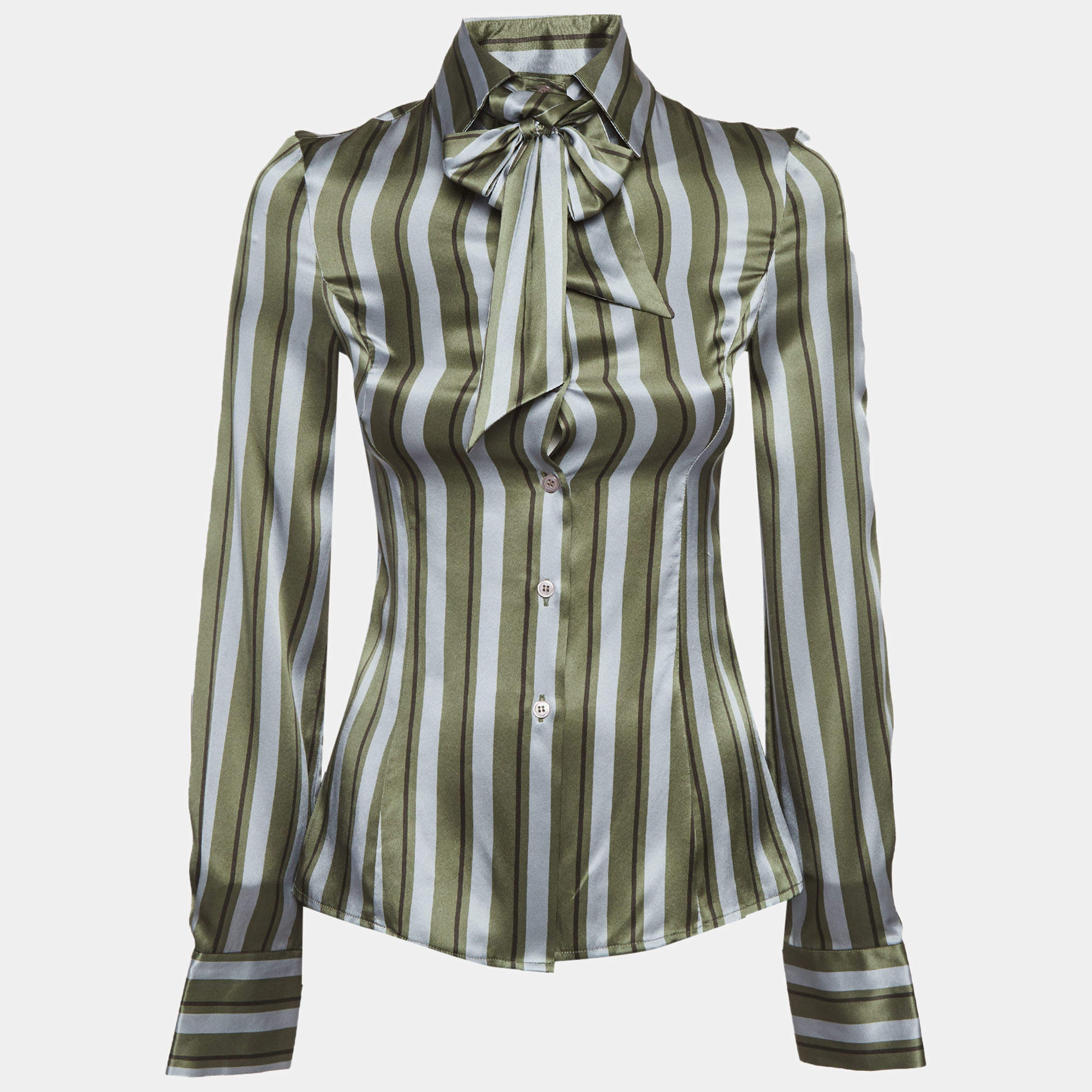 مملوكة مسبقًا Emporio Armani Green/Grey Striped Silk Detachable Bow Detail Shirt S