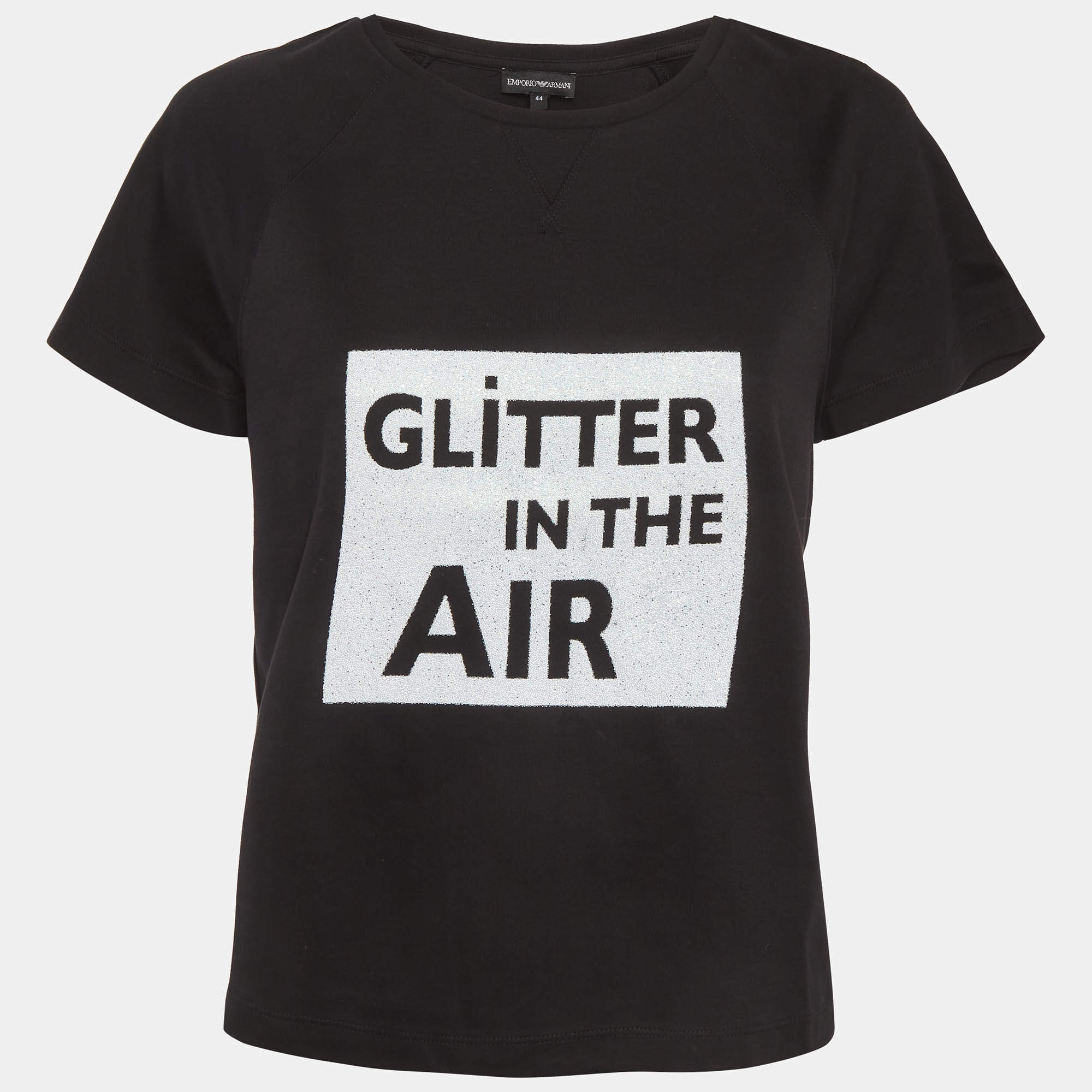 Pre Owned Emporio Armani Black Glitter Print Jersey Top M