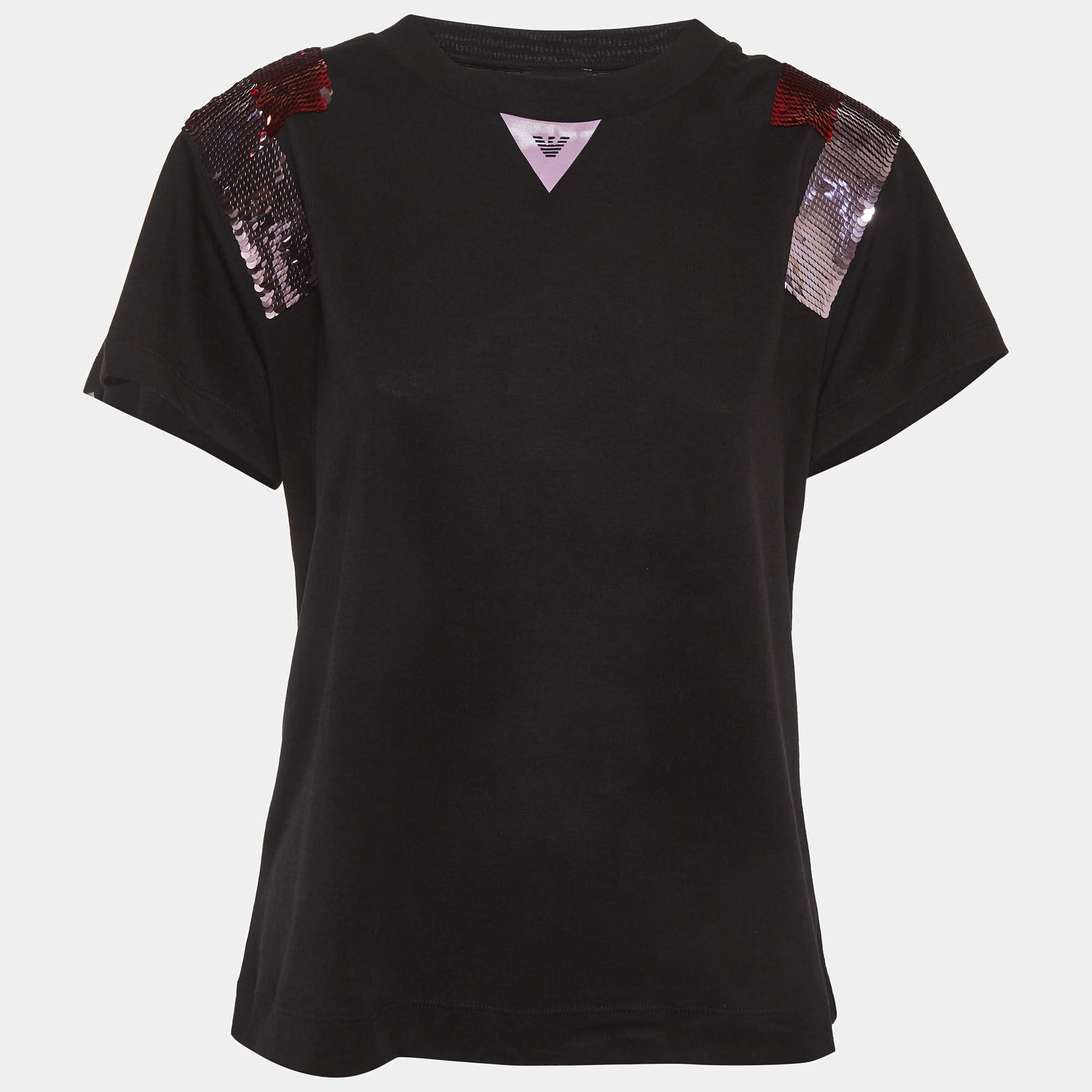 Pre Owned Emporio Armani Black Sequin Detail Jersey T-Shirt M