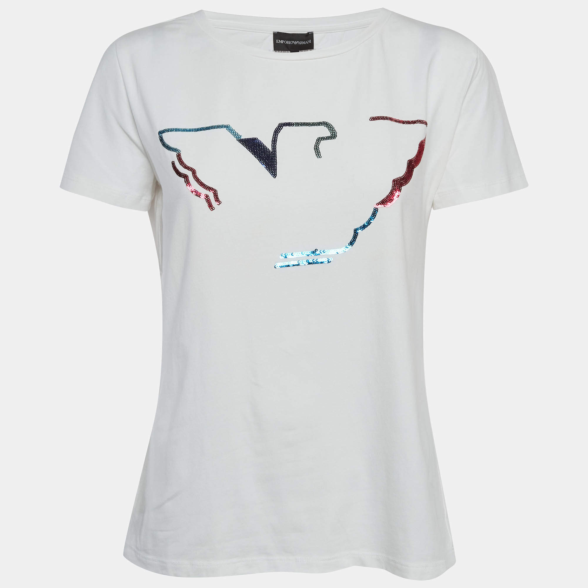 Pre Owned Emporio Armani White Logo Sequin Jersey T-Shirt M