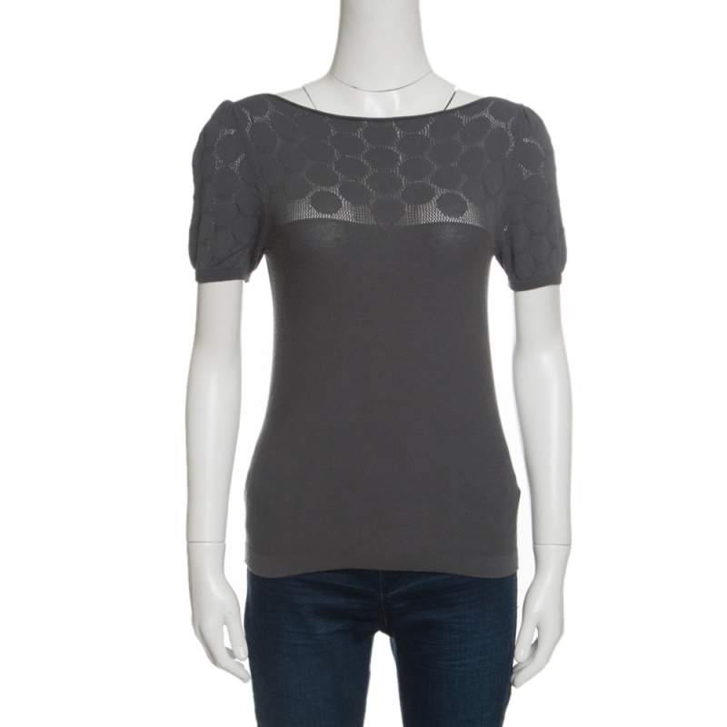 Pre Owned Emporio Armani Grey Knit Perforated Bodice Detail Short Sleeve Top S