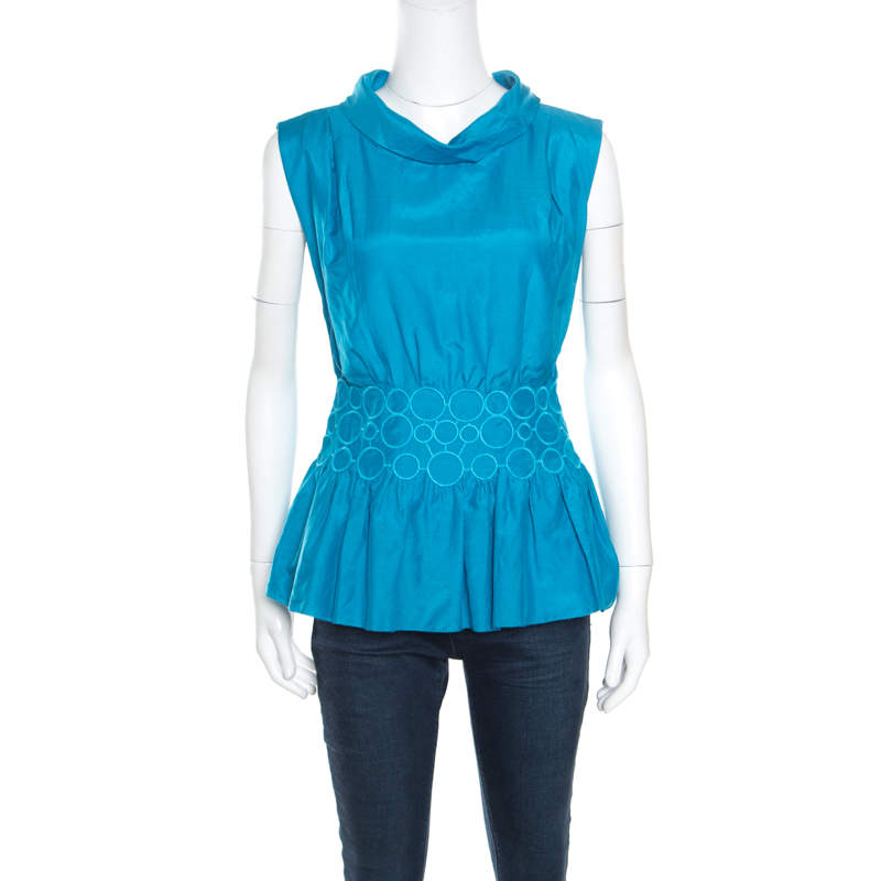 Pre Owned Emporio Armani Blue Embroidered Cotton and Silk Sleeveless Peplum Top S