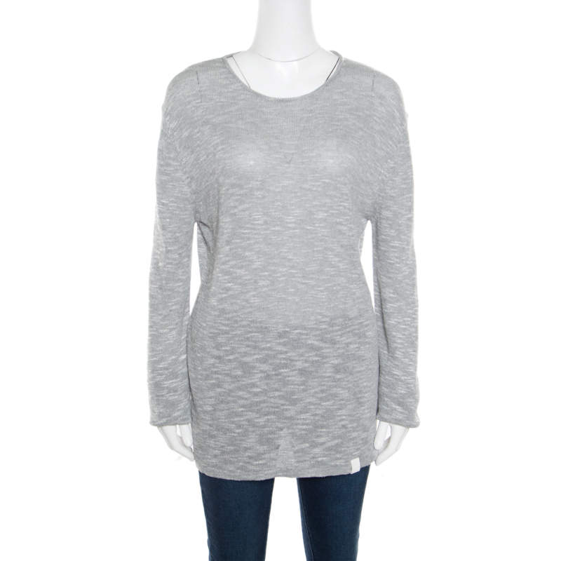Pre Owned Emporio Armani Grey and White Knit Crew Neck Sweater XL