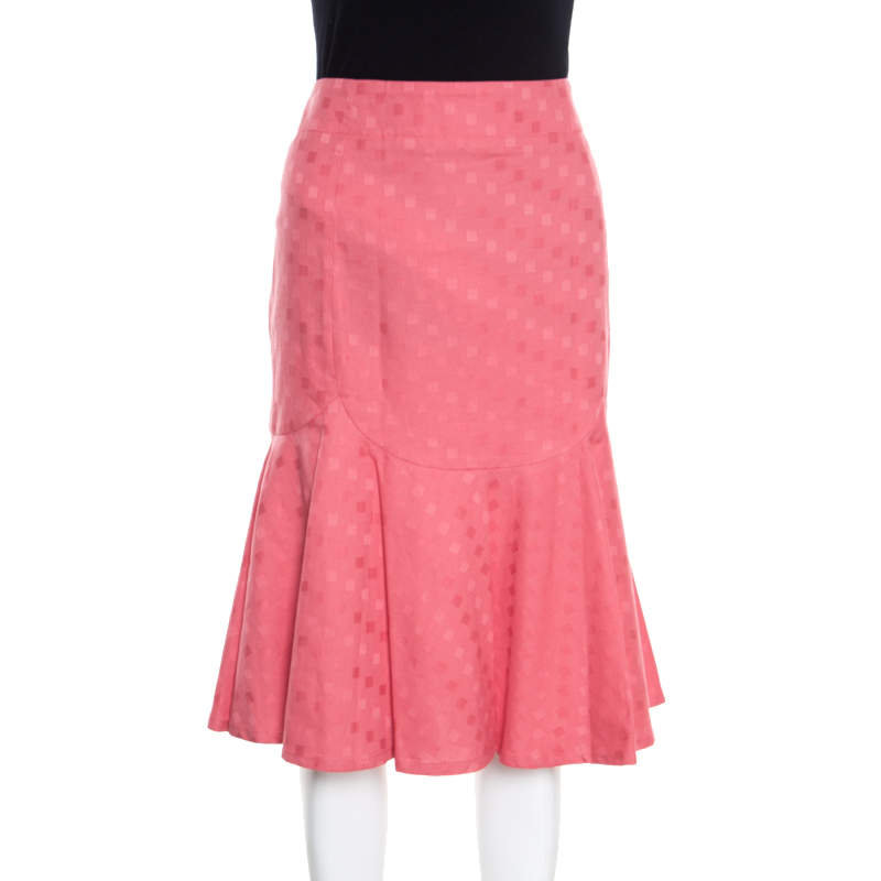 Pre Owned Emporio Armani Pink Geometric Pattern Cotton and Linen Pleated Hem Skirt L