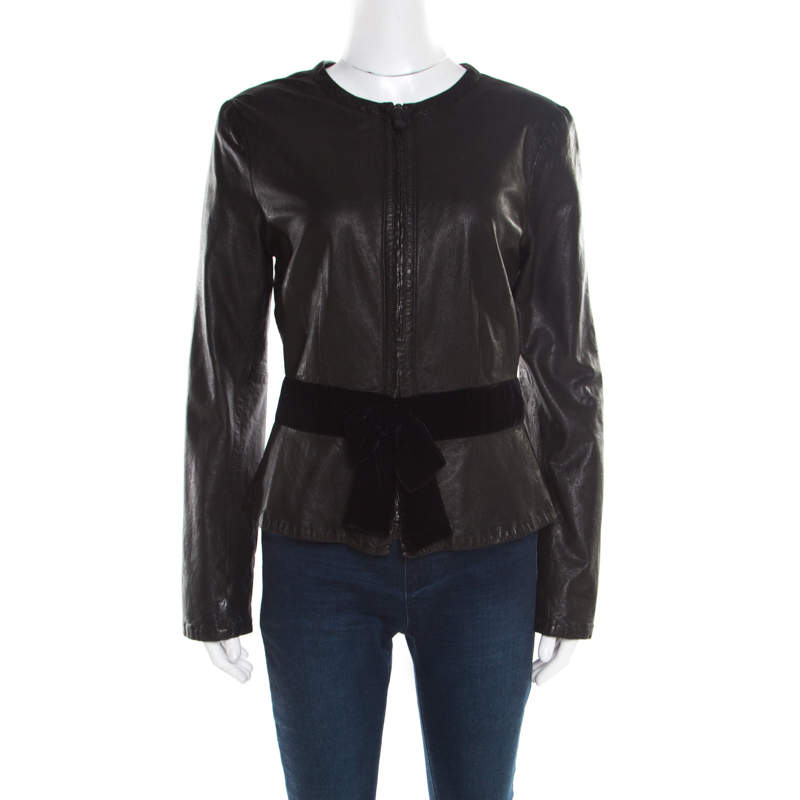 Emporio Armani Black Leather Velvet Bow Detail Biker Jacket M Emporio Armani  | TLC