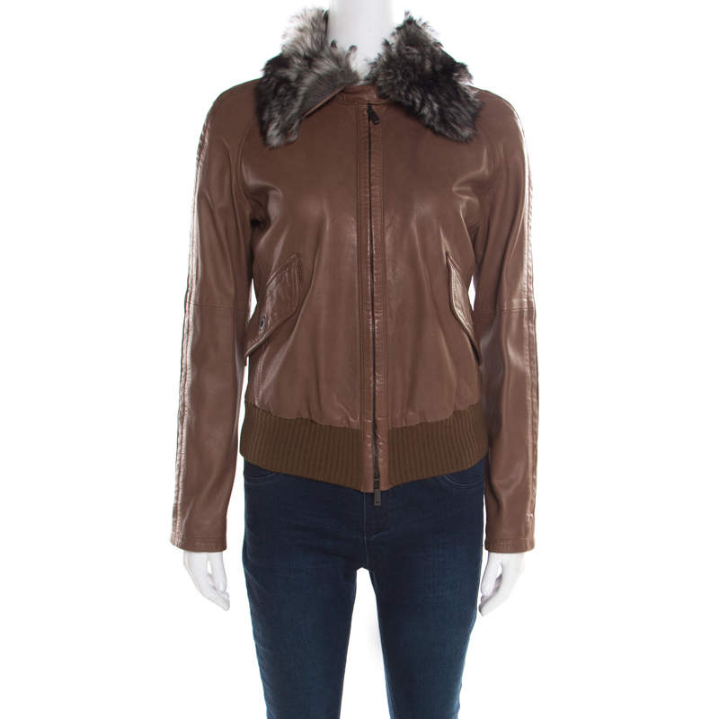 Pre Owned Emporio Armani Brown Leather Fur Collar Detail Zip Front Jacket S