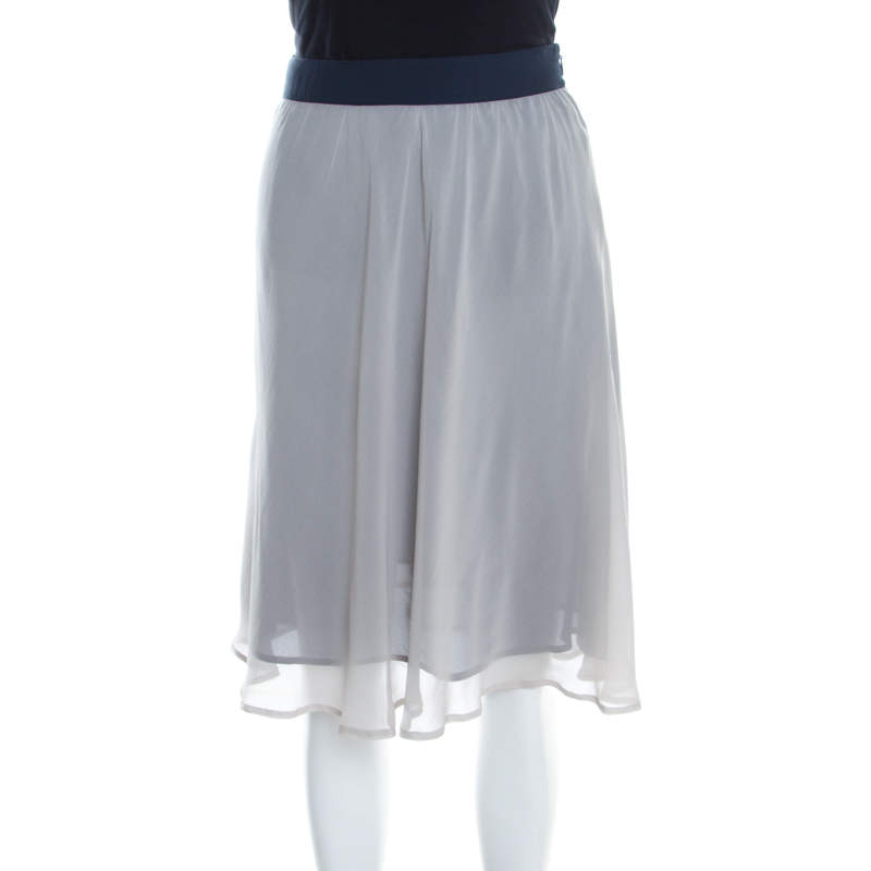Pre Owned Emporio Armani Grey and Navy Blue Silk A Line Skirt S