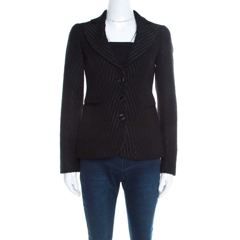 Pre Owned Emporio Armani Black Chevron Pattern Textured Jacquard Blazer S
