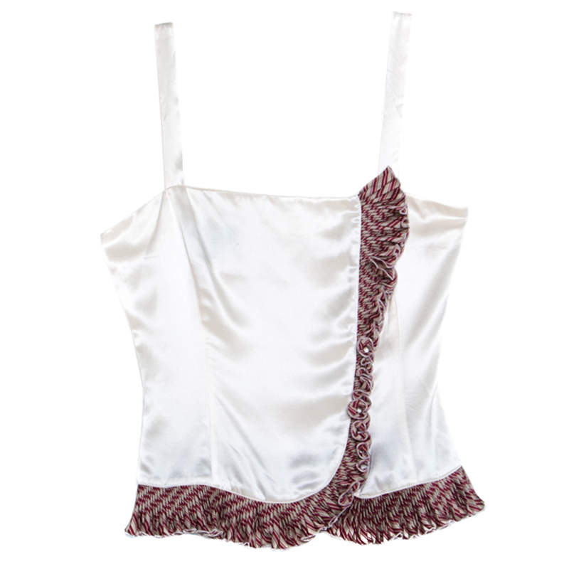 Pre Owned Emporio Armani Cream Satin Silk Ruffled Trim Sleeveless Top S