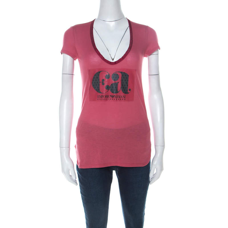 Pre Owned Emporio Armani Berry Pink Logo Print Jersey T-Shirt S