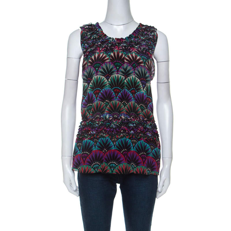 Pre Owned Emporio Armani Multicolor Floral Print Silk Elasticized Ruffle Detail Sleeveless Top S
