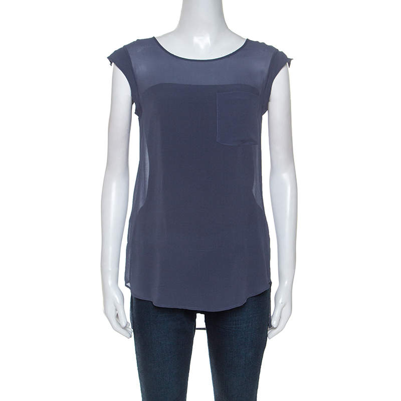 Pre Owned Emporio Armani Sage Blue Silk Cap Sleeve Sheer Top S