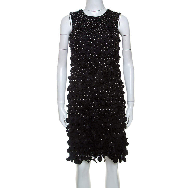 Pre Owned Emporio Armani Black Silk Blend Applique Detail Sleeveless Dress S