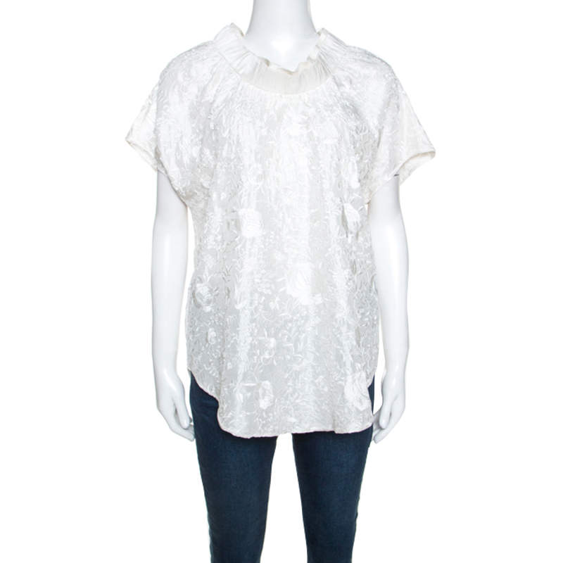 Pre Owned Emporio Armani Ivory Silk Floral Embroidered Top L