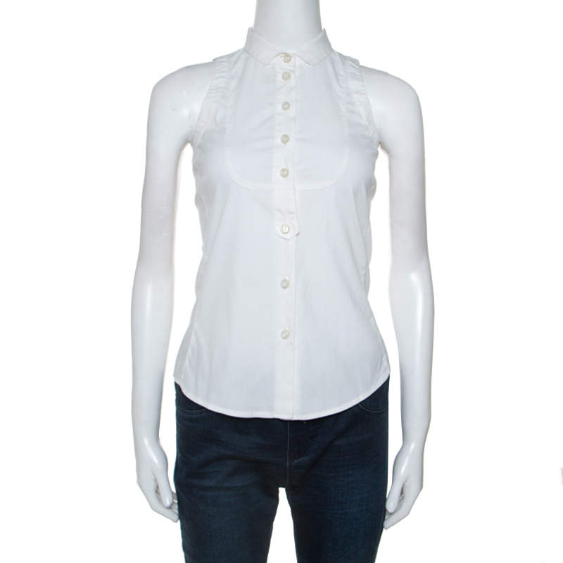 Pre Owned Emporio Armani White Cotton Blend Sleevless Button Front Top S