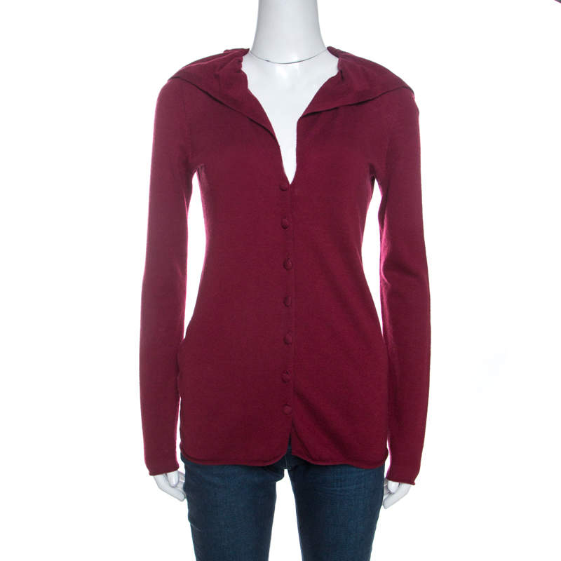 Pre Owned Emporio Armani Burgundy Cashmere Blend Ruffled Collar Cardigan M 