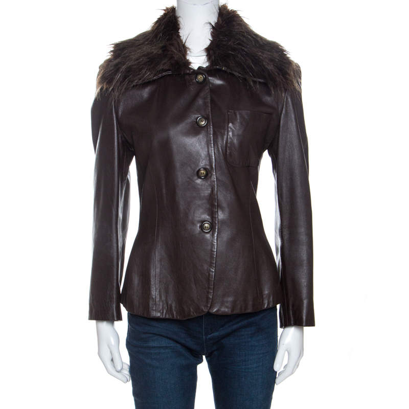 Emporio Armani Brown Leather Fur Collared Vintage Jacket M Emporio ...