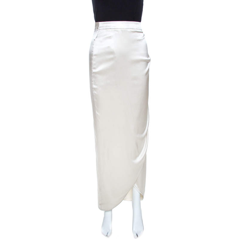 Pre Owned Emporio Armani Cream Stretch Silk Satin Tulip Skirt L