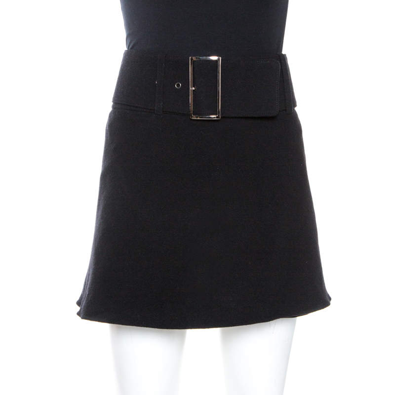 Pre Owned Emporio Armani Black Wool Belted Mini Skirt L