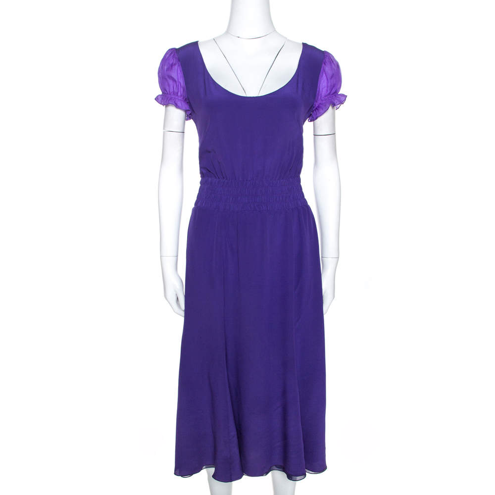 Emporio Armani Purple Silk Open Back Detail Puff Sleeve Dress M