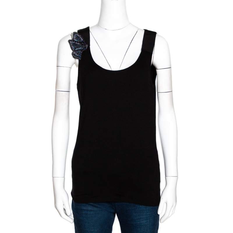 Pre Owned Emporio Armani Black Jersey Beaded Butterfly Applique Top M