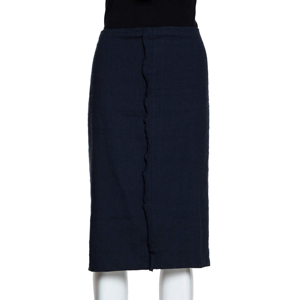 Pre Owned Emporio Armani Navy Blue Linen Fitted Skirt L