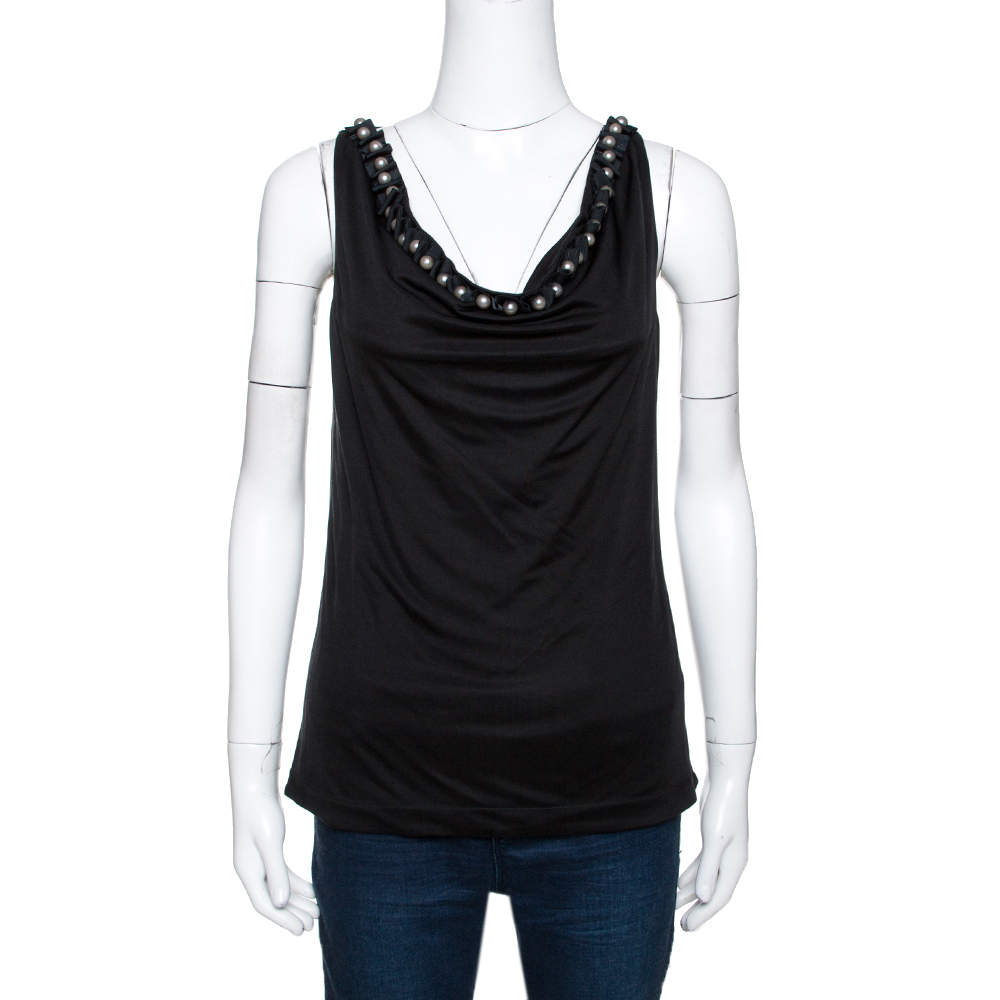Pre Owned Emporio Armani Black Silk Bead Embellished Sleeveless Top S
