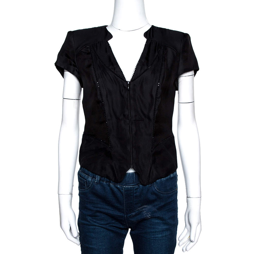 Pre Owned Emporio Armani Black Embellished Silk Blend Zip Front Top S