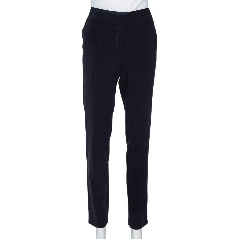Pre Owned Emporio Armani Navy Blue Stretch Wool Elasticized Waist Trousers M