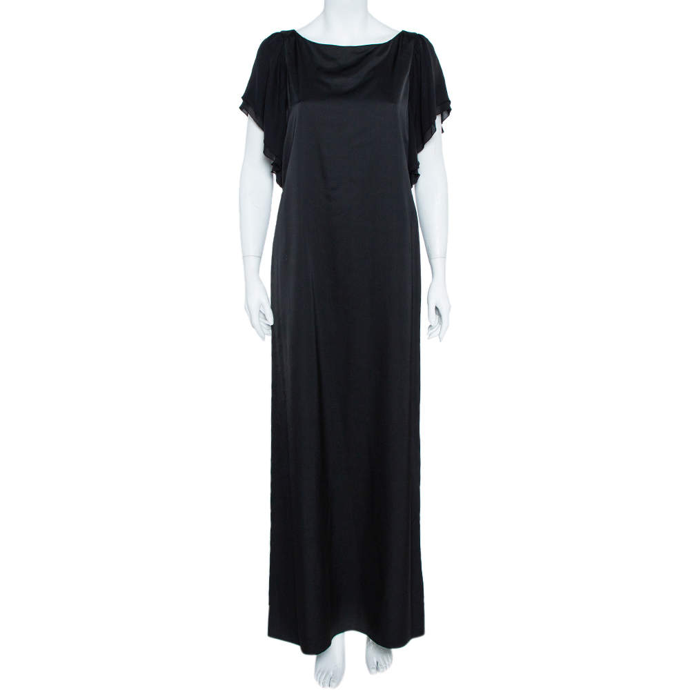 Pre Owned Emporio Armani Black Sateen Flutter Sleeve Maxi Dress M