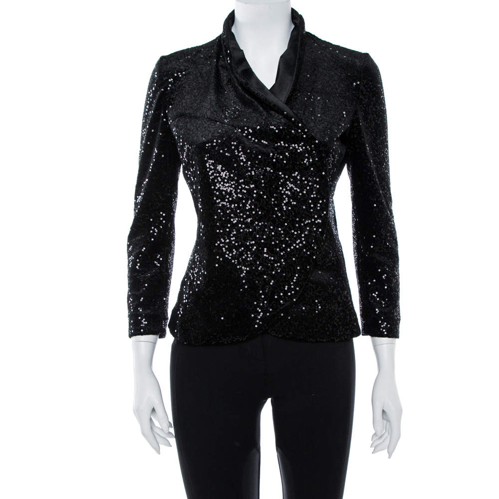 Pre Owned Emporio Armani Black Sequin Embellished Velvet Double Breasted Jacket M