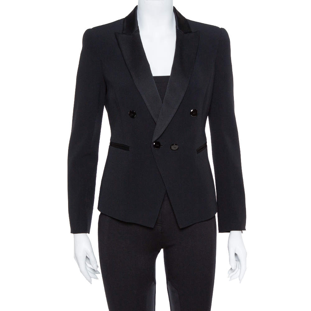 Pre Owned Emporio Armani Black Crepe Double Breasted Jacket S