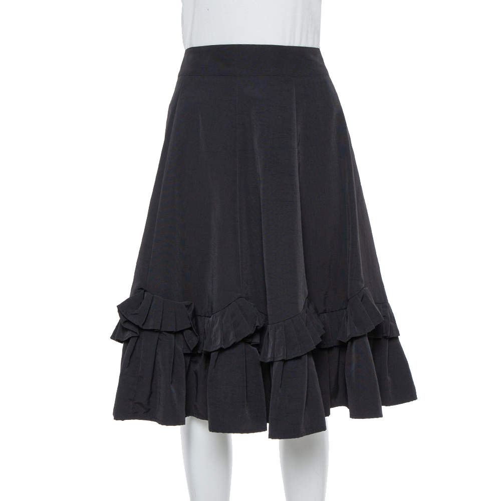 Pre Owned Emporio Armani Black Faille Ruffled Midi Skirt S
