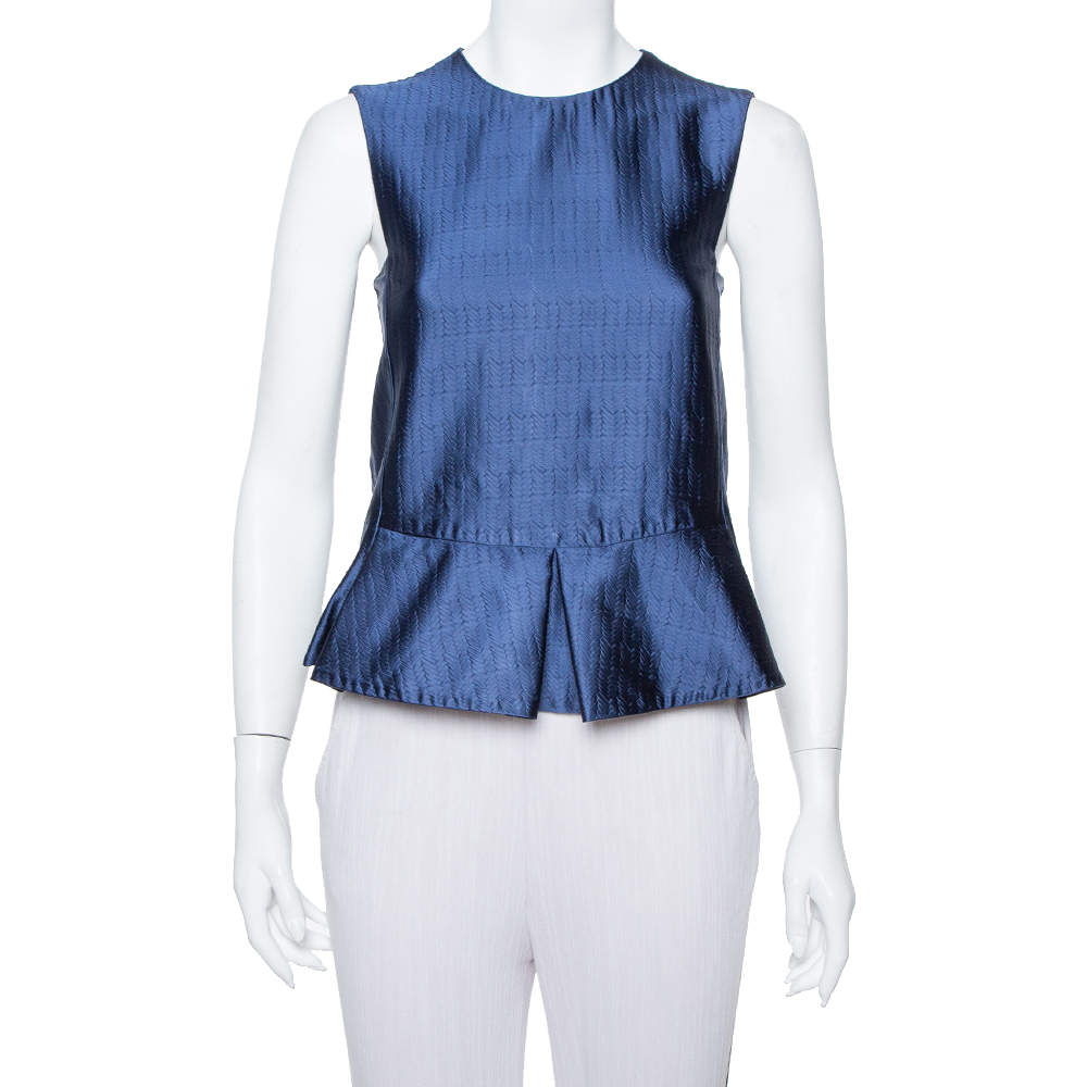 Pre Owned Emporio Armani Navy Blue Textured Sateen Pleated Detail Peplum Top XS