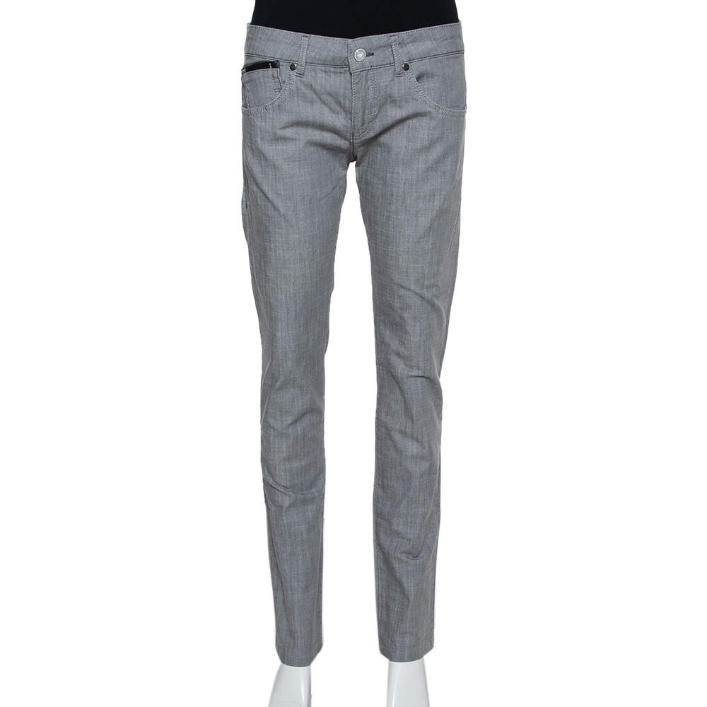 Pre Owned Emporio Armani Grey Cotton 5 Pocket Detail Tapered Leg Trousers L