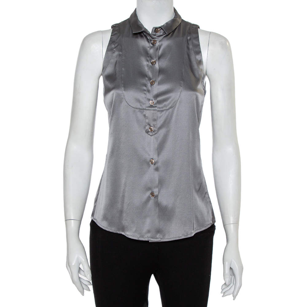 Emporio Armani Grey Silk Satin Button Front Paneled Sleeveless Shirt M
