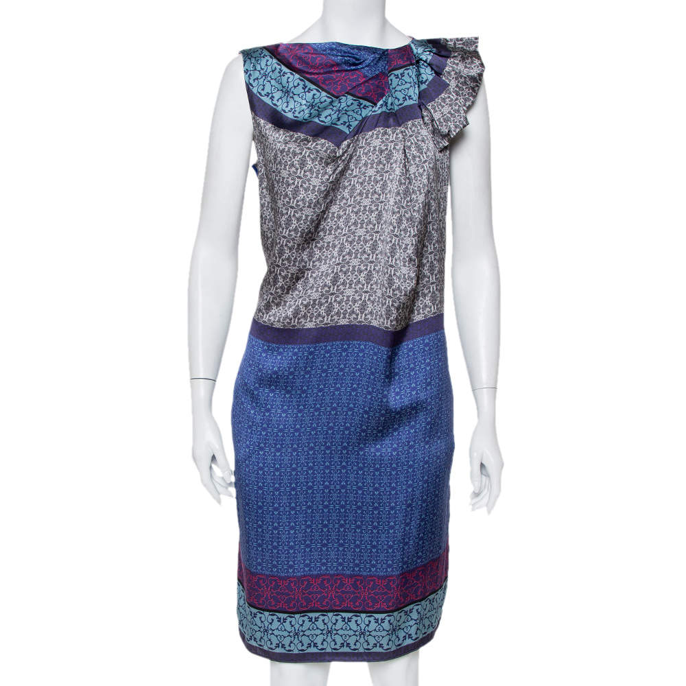 فستان إمبوريو أرماني حرير أزرق مطبوع بديرابيه مقاس متوسط - ميديوم