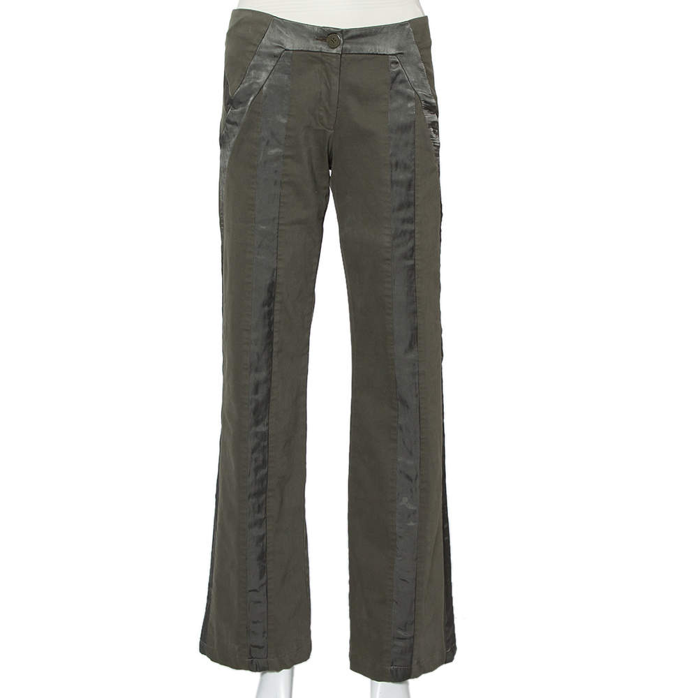 Pre Owned Emporio Armani Military Green Cotton Satin Trim Detail Trousers S