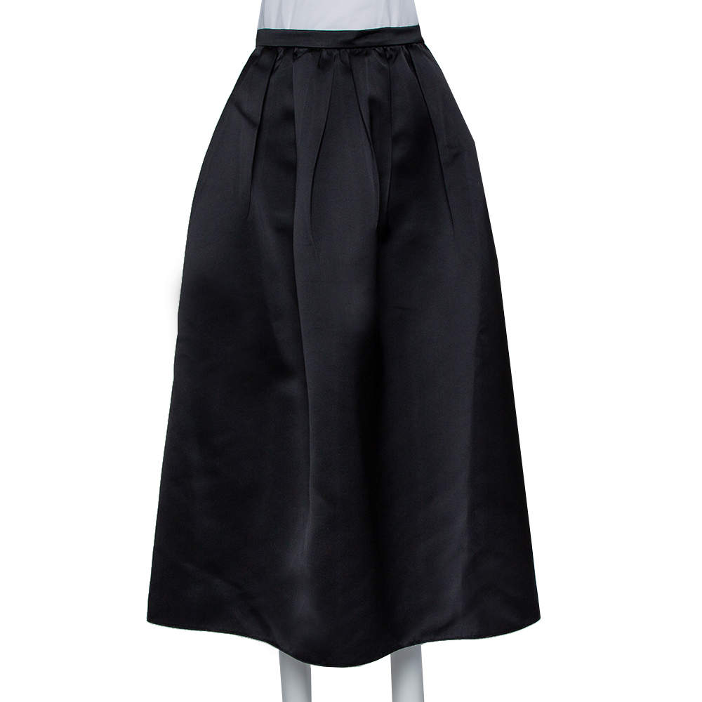 Pre Owned Emporio Armani Black Satin Pleated Midi Skirt S
