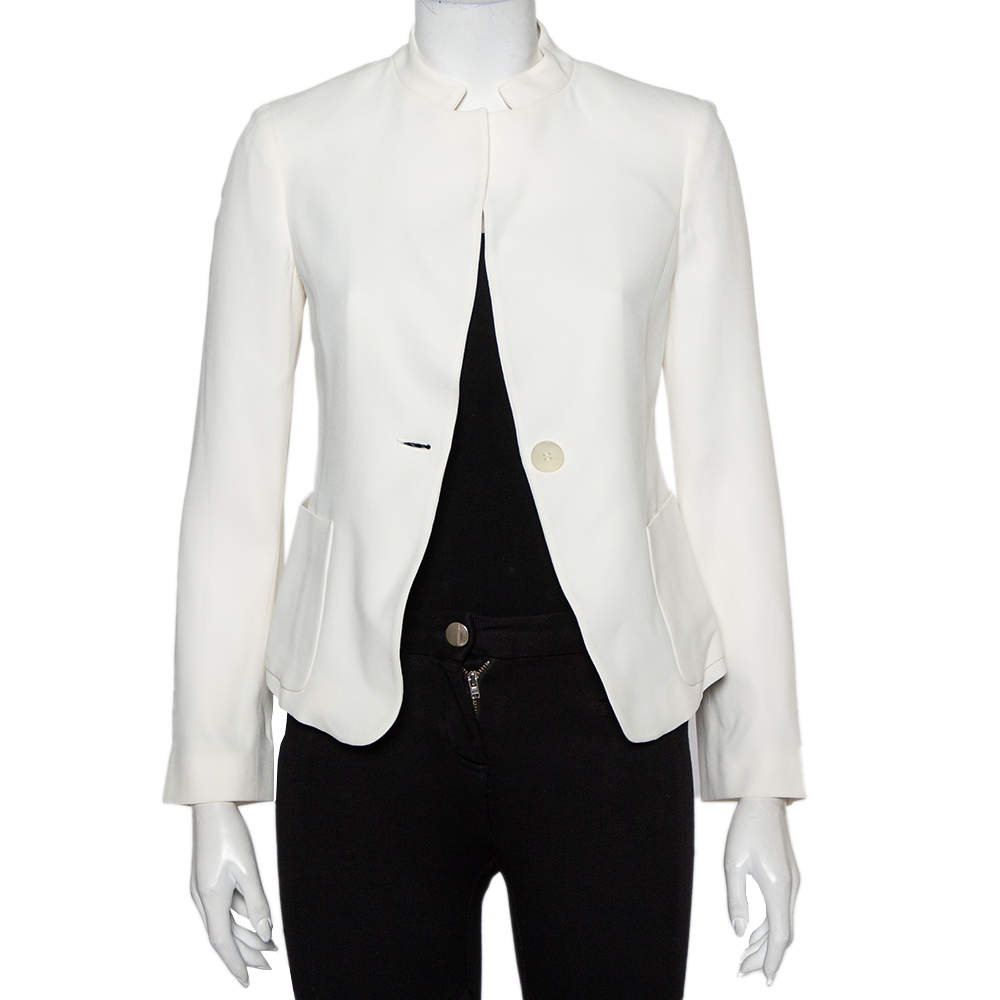 Pre Owned Emporio Armani White Crepe Button Front Blazer S
